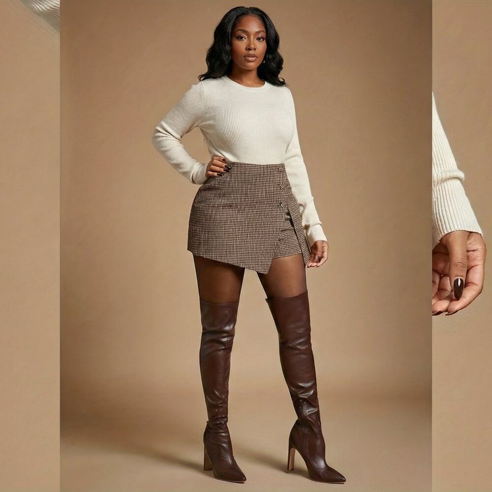 Maillard Brown Houndstooth High-Waist Wrap Mini Skirt | Asymmetrical Button - Picture 2 of 9